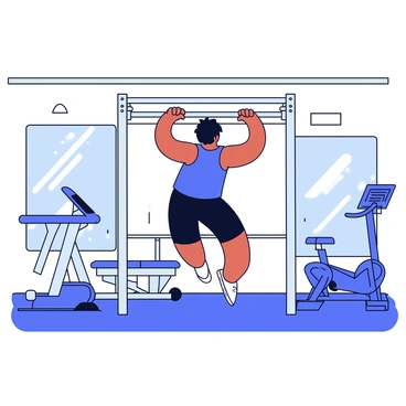 A person with a fit build is performing a pull-up on a horizontal bar. The individual has short black hair and is wearing a blue tank top and black gym shorts. Surrounding them are various pieces of modern exercise equipment, including a treadmill, a stationary bike, and weightlifting benches. The gym has bright lighting and large windows, letting in natural light. On the walls, there are mirrors reflecting the workout area.