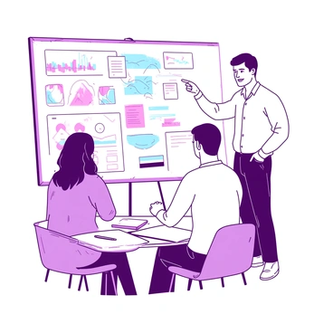 An artist stands confidently in front of a large presentation board filled with various illustrated concepts. The board displays a mix of colorful sketches and diagrams. The artist, dressed in a casual outfit, is pointing to a specific area on the board with their right hand. The client, seated at a table in front of the artist, is listening attentively and taking notes. Soft lighting illuminates the scene, highlighting the details of the illustrations on the board.