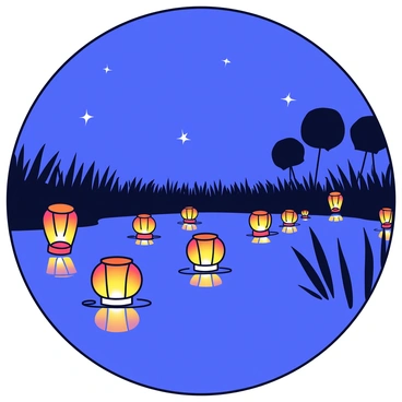 A series of floating lanterns glowing softly in various shades of orange and yellow. The lanterns drift gently across a calm marsh, reflecting their light on the water's surface. Surrounding the marsh are silhouettes of tall grasses, contrasting against the night sky. The background features a few distant trees, adding depth to the scene. The atmosphere suggests a peaceful festival night, with stars twinkling above.