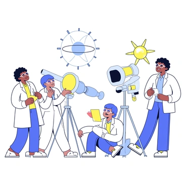 A group of scientists wearing lab coats and safety glasses. They are gathered around advanced equipment, including a solar telescope and various measuring devices. The scientists are focused on observing the "solar eclipse" happening in the sky. The scene is set in an open field, with a clear view of the "eclipse" blocking the sun. There are notebooks and pens on the ground as they take notes during the observation.