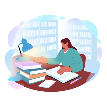 A person is sitting at a wooden library table, deeply focused on reading several investment books stacked neatly in front of them. The table is surrounded by tall bookshelves filled with various financial and investment literature. A small desk lamp casts warm light over the pages of the open book, highlighting text and diagrams. An open notebook and a pen are positioned beside the books, indicating active note-taking. The background features soft gradient pastel colors blending together, creating a calm atmosphere in the library.