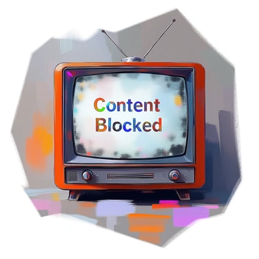 A vintage television set is positioned prominently in the center of the image, showing a screen filled with black and white static. On the screen, the text "Content Blocked" is displayed in bold, uppercase letters, contrasting sharply against the chaotic background of static. The television has a wooden frame with dial controls on the front, and a thin antennae extends from the top. The setting is dimly lit, enhancing the focus on the glowing screen and the static noise emanating from the television.