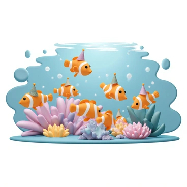 A group of vibrant clownfish, each adorned with tiny colorful party hats, swims joyfully among swaying coral formations. The clownfish are in various playful poses, some darting around in excitement while others are gathered together, creating a lively scene. Bubbles rise around them, adding to the festive atmosphere. Brightly colored corals and anemones provide a vivid backdrop, enhancing the underwater celebration. Sunlight filters through the water, casting shimmering patterns across the scene.