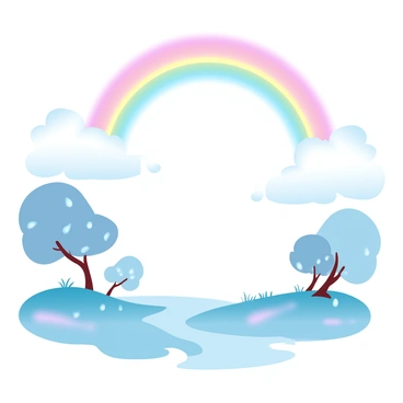 A vibrant rainbow arcs gracefully across the sky, showcasing a spectrum of colors. Below, a rainy landscape features wet grass and puddles reflecting the rainbow's hues. In the foreground, several trees stand with raindrops clinging to their leaves. The sky is filled with soft, gray clouds, implying recent rainfall. The scene is lively, capturing the contrast between the colorful arc of the rainbow and the subdued tones of the rainy landscape.