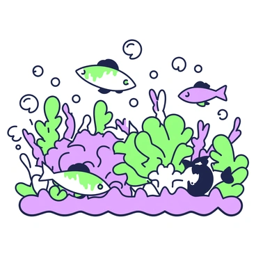 A vibrant scene of fish swimming is depicted in a coral reef. Various fish of different shapes and sizes are swimming gracefully among the coral formations. The reef is filled with intricate coral structures, showcasing a variety of textures and designs. Beneath the swimming fish, gentle waves ripple across the water’s surface. Bubbles rise from the fish and the coral, creating a sense of movement within the underwater environment.