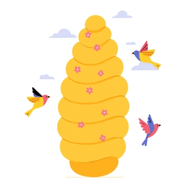 A beehive hairstyle towering high, constructed from tightly coiled golden strands. The hairstyle is adorned with small pink flowers scattered throughout. Several colorful birds are flying around the beehive hairstyle. The birds display vibrant feathers, including hues of blue, yellow, and red, as they gracefully swoop and circle around it. The background features a soft light blue sky, enhancing the overall lively scene.