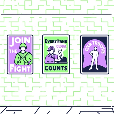 A collection of vintage-style war propaganda posters is arranged on a textured wall. Each poster features bold, eye-catching graphics and slogans that convey messages of patriotism and enlistment. The first poster on the left showcases a soldier in uniform, with the words “Join the Fight” in a prominent font. Next to it, a poster depicts a factory worker producing wartime materials, accompanied by the phrase “Every Hand Counts.” The third poster focuses on a heroic stance, highlighting the importance of community support with the message “Support Our Troops.” The colors of the posters blend into the vintage aesthetic, while the wall has subtle wear and tear that enhances the historical feel.
