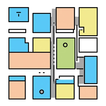 A grid of city blocks, each block filled with a different color. The blocks are arranged in a rectangular pattern, showcasing various shades like blue, green, orange, and yellow. Between the blocks, narrow streets in gray create a clear division. The overall composition emphasizes symmetrical layouts, with some blocks featuring simple shapes like circles or triangles, all viewed from a bird's-eye perspective.