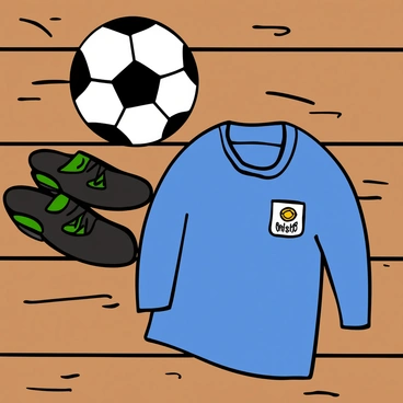 A flat lay of soccer gear arranged on a wooden background. The image features a classic black and white soccer ball placed at the center. To the side, there are a pair of black cleats with bright green accents, neatly positioned. A vibrant blue jersey is partially draped beside the ball, showcasing the team logo on the front. The wooden texture of the background adds warmth, complementing the colors of the gear.