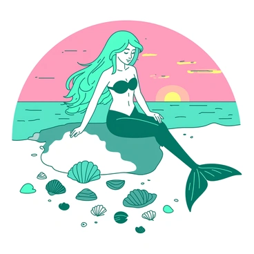 A teal mermaid with long flowing hair is sitting on a white sandy beach, gracefully perched on a large rock. She is intently collecting various beautiful seashells of different shapes and sizes scattered around her. The sunset sky above is painted in hues of orange and pink, casting a warm glow over the scene. Gentle waves lap at the shore, creating a serene atmosphere as the mermaid admires her collection.