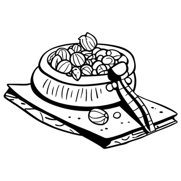 A rustic wooden bowl filled with assorted nuts, including walnuts, almonds, and hazelnuts, rests on a textured cloth. Next to the bowl, there is a metal nutcracker positioned at an angle, ready for use. The background features a wooden table surface with visible grain patterns, enhancing the rustic atmosphere.