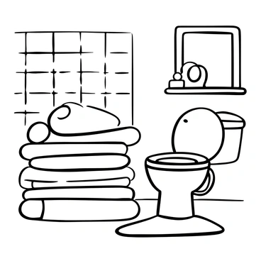 A neat stack of folded towels arranged beside a white potty. The bathroom features tile walls with a repeating pattern, and a small rug lies on the floor. A towel rack holds additional towels, and a bar of soap sits on a small shelf. A window allows light to enter, casting soft shadows across the scene.