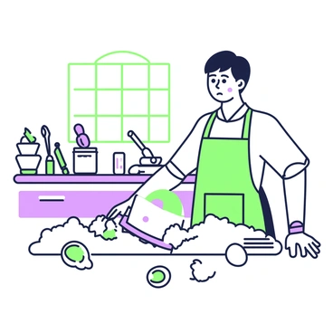 A home baker is standing in a kitchen, looking disappointed while inspecting a failed cake that has collapsed onto the countertop. Flour is spilled across the surface, creating a white cloud around the cake. Several cracked eggs are scattered on the floor, one with the yolk breaking out. The baker is wearing an apron over a casual shirt and has flour dust on their hands and face. Kitchen utensils, such as a whisk and measuring cups, are visible in disarray on the countertop. In the background, a window lets in natural light, illuminating the chaotic scene.
