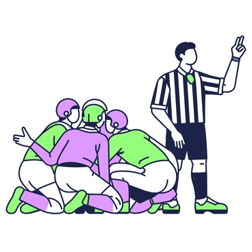 A referee signaling a timeout with a clear gesture, while players gather around their coach.