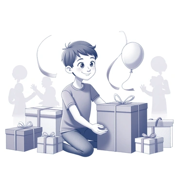 A cartoon boy with short hair and a big smile is seated on the floor, surrounded by brightly wrapped presents. He is pulling the ribbon off a large box, his eyes wide with anticipation. The scene is filled with various shapes and sizes of gifts, scattered around him. In the background, there are balloons and streamers decorating the space, enhancing the festive atmosphere of a birthday celebration. The boy's friends can be seen in the distance, clapping and cheering.