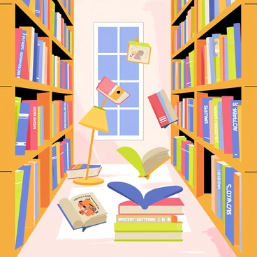 A whimsical library filled with tall wooden shelves stacked high with colorful books. Some books are mid-air, gently floating and turning their pages, while others are in a slight spiral motion as if dancing. Each book has an expressive face, with eyes and mouths open, as they narrate their own stories with animated gestures. The library is illuminated by soft, warm light coming from vintage lamps placed around the space, casting a cozy glow. A large window reveals a clear blue sky outside, adding to the enchanting atmosphere. Some books are inscribed with titles like "Adventure Awaits" and "Mystery Unfolds," while others have illustrations of their stories visible on their covers.