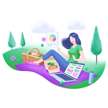 A modern pastel illustration depicting a woman sitting on a picnic blanket in a lush green park. She has long hair flowing gently in the breeze and is dressed in casual, comfortable clothing. Next to her, an open laptop rests on the blanket, showcasing vibrant work-related charts on the screen. Surrounding her are a picnic basket filled with colorful fruits and sandwiches. Scattered around are a few flowers and a water bottle. In the background, tall trees and soft clouds fill the sky, creating a peaceful atmosphere.