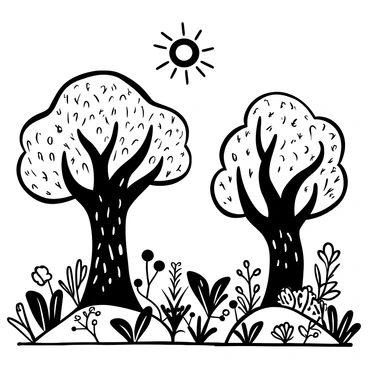 Two grand trees, "Telperion" and "Laurelin," stand majestically in a lush landscape. "Telperion," with its silvery leaves shimmering, rises tall on the left, while "Laurelin," adorned with golden foliage, stands similarly on the right. The trees' trunks are thick and gnarled, showcasing intricate textures. Surrounding them, various smaller plant life flourishes, creating a rich undergrowth. A radiant light emanates from above, casting gentle shadows on the ground, emphasizing the grandeur of the trees in full bloom. The environment feels alive with movement, as delicate branches sway slightly, and small creatures can be seen darting around the base of the trees.