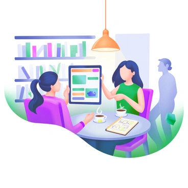 A cozy café setting with a couple sitting at a small round table under a softly glowing lamp. The man is holding a tablet displaying tennis match statistics, while the woman is pointing at it with a focused expression. On the table, there are two steaming cups of coffee and a notebook filled with notes and drawings of tennis players. In the background, there are shelves lined with books and small plants, creating a warm atmosphere. The couple is surrounded by other patrons enjoying their time in the café.