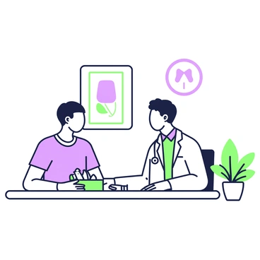 A doctor is seated at a wooden desk in a consultation room, looking at a patient with a concerned expression. The doctor is wearing a white coat over a collared shirt, with a stethoscope draped around the neck. The patient, a young man, is sitting across from the doctor, visibly anxious. The room has a soft light illuminating a chart of the male anatomy on the wall behind them. A box of medical supplies is placed on the desk, and a green plant sits in the corner, adding a touch of life to the setting. The doctor is gently explaining the situation, using hand gestures to convey understanding and support.