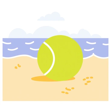 A bright green tennis ball resting on a golden sandy beach. The sandy surface has small footprints leading toward the water. Gentle ocean waves with a light blue tint roll onto the shore, creating white foamy edges as they break. The horizon shows a clear blue sky, with a few fluffy white clouds scattered above.
