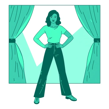 A teal person is standing confidently in a power pose backstage. The individual stands tall with hands on hips, exuding an air of determination. Bright stage lights shine in the background, creating a vibrant contrast against the teal clothing. Behind the person, there are curtains in a soft white color, adding depth to the scene. The expression on the person’s face reflects focus and readiness, capturing the moment before they step onto the stage.