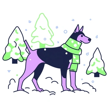 A doberman is standing in a snowy landscape. The dog has a shiny coat and is wearing a cozy winter scarf around its neck, which adds warmth to its appearance. Snow is gently falling around the doberman, creating a winter wonderland effect. In the background, snow-covered trees are visible, their branches weighed down with white snow. The ground is blanketed in a thick layer of snow, with the doberman's paws making prints as it stands. The scene captures a tranquil winter day.