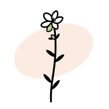 A delicate basil flower, featuring small white petals and green sepals, blooming on a tall green stem. The stem has narrow leaves growing along its length. The background is a smooth, soft pastel color, creating a gentle and subtle atmosphere. The flower stands prominently against this background, highlighting its intricate details.