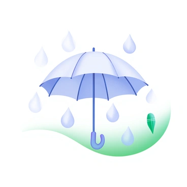 A simple line drawing of an open umbrella with raindrops falling