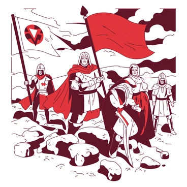 A group of heroes stands valiantly on a rugged battlefield. Each hero is in a distinct pose, showcasing their unique armor and weapons. The foreground features a strong figure holding a large red banner that flaps in the wind. To the left, a warrior is gripping a gleaming sword, their stance firm and determined. In the background, a banner with a symbol is waving proudly against the backdrop of dramatic skies filled with dark clouds. The light breaks through in areas, highlighting the heroes and casting shadows on the ground, creating depth in the scene.