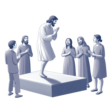 A figure of Lazarus is positioned on a stone slab, partially upright as he begins the act of rising. His body is depicted with a sense of movement, suggesting the moment of awakening. Surrounding him are several onlookers, maintaining various postures of curiosity and astonishment. Some are leaning forward, while others stand with hands clasped in surprise. The expressions on their faces range from shock to wonder, capturing the intensity of the moment. The setting includes minimal architectural details that hint at a historical context, framing the scene as a dramatic event.