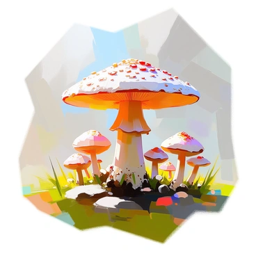 A large mushroom with a broad, colorful cap stands prominently in the center of a lush green field. Surrounding it are numerous smaller fungi, each with unique shapes and sizes, scattered across the grassy terrain. The ground is dotted with moisture, reflecting the sunlight filtering through the trees. The large mushroom's stem is thick and sturdy, contrasting with the delicate forms of the smaller mushrooms. Various textures and colors create a vibrant atmosphere in this natural scene.