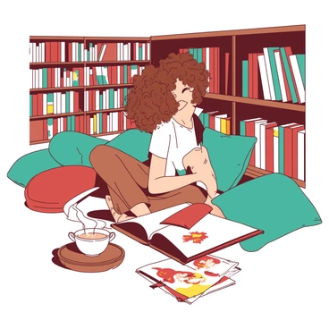 A student with curly brown hair is sitting cross-legged in a cozy corner of a library, deeply focused on reading an open art book placed on their lap. The bookshelf behind them is filled with various colorful volumes, and there are soft cushions in shades of teal scattered around. Nearby, a small wooden table holds a steaming cup of white tea and a sketchbook, featuring a few colorful pencil sketches. The lighting in the corner is warm, casting gentle shadows and highlighting the illustrations within the book that have vibrant red and yellow hues.