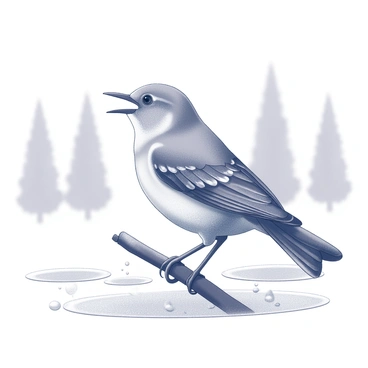 A mockingbird perched on a branch, its feathers glistening with moisture from the rain. The bird has its beak open, emitting a clear and melodious song. Water droplets are visibly splashing around it, creating small ripples as they hit the surface of nearby puddles. The background features blurred outlines of trees, suggesting a rainy atmosphere. The overall scene captures the essence of a lively moment in nature despite the wet conditions.