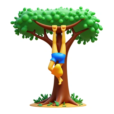 A person performing a dead hang on a sturdy tree branch. The individual is grasping the branch with both hands, arms fully extended. The tree is surrounded by lush green foliage, with sunlight filtering through the leaves. The ground is covered in a layer of fallen leaves and small plants, adding to the natural forest setting. The person's body is hanging vertically, with legs slightly bent at the knees.