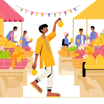 An Indian boy with dark hair, wearing a colorful traditional kurta, is exploring a bustling market. The market is filled with vibrant fruits like oranges, bananas, and mangoes stacked high on wooden carts. Brightly colored flowers in various arrangements are displayed in baskets, adding to the lively atmosphere. The boy is reaching for a ripe mango, his expression full of curiosity. In the background, vendors are engaging with customers, while strings of decorative garlands hang overhead.