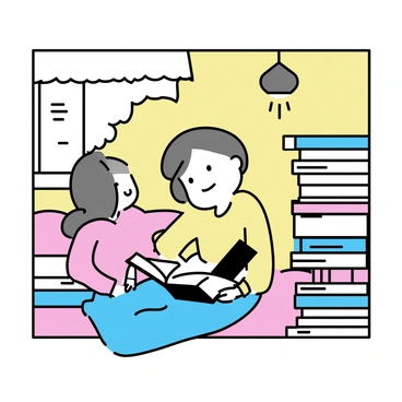 A young girl with long brown hair is curled up in a cozy reading nook. She is sitting on a soft cushion in a corner filled with colorful pillows. Next to her is a tall stack of books, some open and some closed, showcasing various titles. The nook is surrounded by warm, inviting wallpaper, and a small lamp above casts a gentle light over the scene. The girl is wearing a comfortable sweater and is deeply focused on a book in her lap.