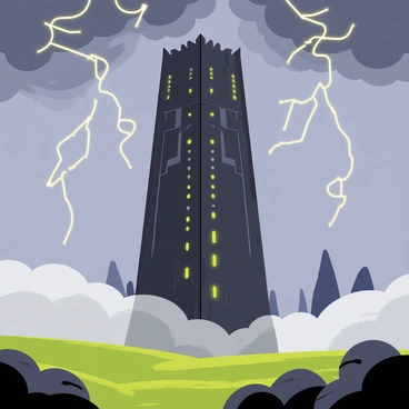 A tall, dark stone arcane tower rises prominently over a misty valley. The tower features intricate carvings and glowing magical runes along its exterior. Below the tower, a thick layer of mist blankets the valley floor, partially obscuring the grassy terrain. Above, a stormy sky is filled with swirling gray clouds, occasionally illuminated by flashes of lightning. The scene conveys a sense of mystery and power surrounding the arcane tower.
