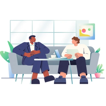 A senior executive with dark skin and short, neatly styled black hair is seated on a contemporary gray sofa in a modern office lounge. She is wearing a tailored navy-blue suit and is engaged in a discussion with a young employee who has light skin and wavy brown hair. The young employee is dressed in a white shirt and black trousers and is leaning forward attentively. On a glass coffee table in front of them, there is a laptop, a notebook, and a steaming coffee cup. Large windows in the background allow natural light to fill the space, illuminating the lounge's minimalist decor, which features potted plants and abstract wall art.