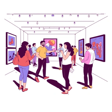A group of people is gathered in a spacious exhibition hall filled with various framed illustrations hanging on the walls. Some individuals are standing in small circles, animatedly discussing their favorite pieces. A man with glasses is pointing at a colorful illustration while a woman with long hair nods in agreement. Nearby, a couple is leaning in to closely examine a large piece featuring intricate details. The atmosphere is lively as people exchange feedback while holding pamphlets and drinks. The lighting in the hall is bright, highlighting the artworks displayed.