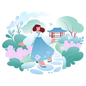 A young woman is wearing a colorful hanbok as she walks gracefully through a Korean garden. The hanbok is adorned with intricate patterns of flowers and vibrant colors. Surrounding her are lush greenery and various flowering plants, providing a vibrant backdrop. In the background, a traditional Korean pavilion stands among the trees, creating an atmosphere of tranquility. The path she walks on is made of smooth stones, leading deeper into the garden. Delicate butterflies flutter around the flowers, adding life to the serene setting.