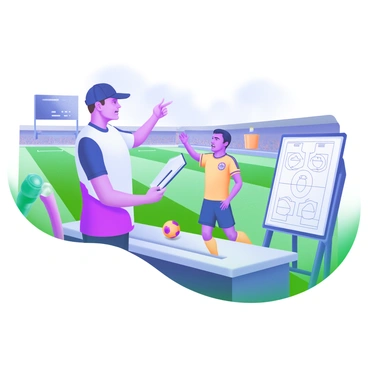 A modern pastel illustration depicting a soccer coach and a player on the sidelines during a match break. The coach, wearing a cap and a clipboard in hand, is pointing towards the field while discussing strategy. The player, dressed in a team jersey with shorts and shin guards, is listening attentively with a focused expression. In the background, green grass of the field can be seen along with a scoreboard and cheering fans. A water bottle and a tactical board with diagrams are placed on the bench nearby.