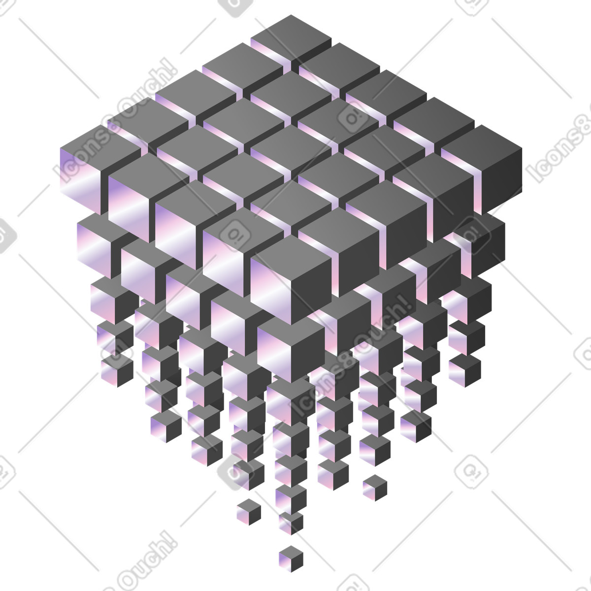 Ilustración Cubos flotantes que se desintegran hacia abajo, pérdida de datos y deterioro digital. en estilo Illusion a descargar en PNG SVG