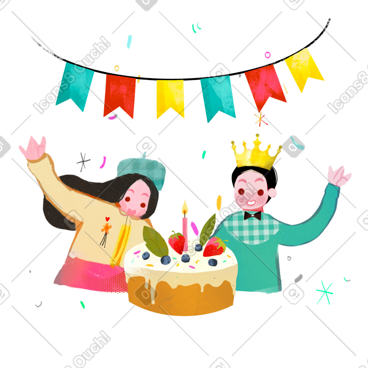 Fabulous 스타일의 케이크와 깃발로 장식하는 어린이 생일 파티 일러스트레이션 PNG, SVG 다운로드