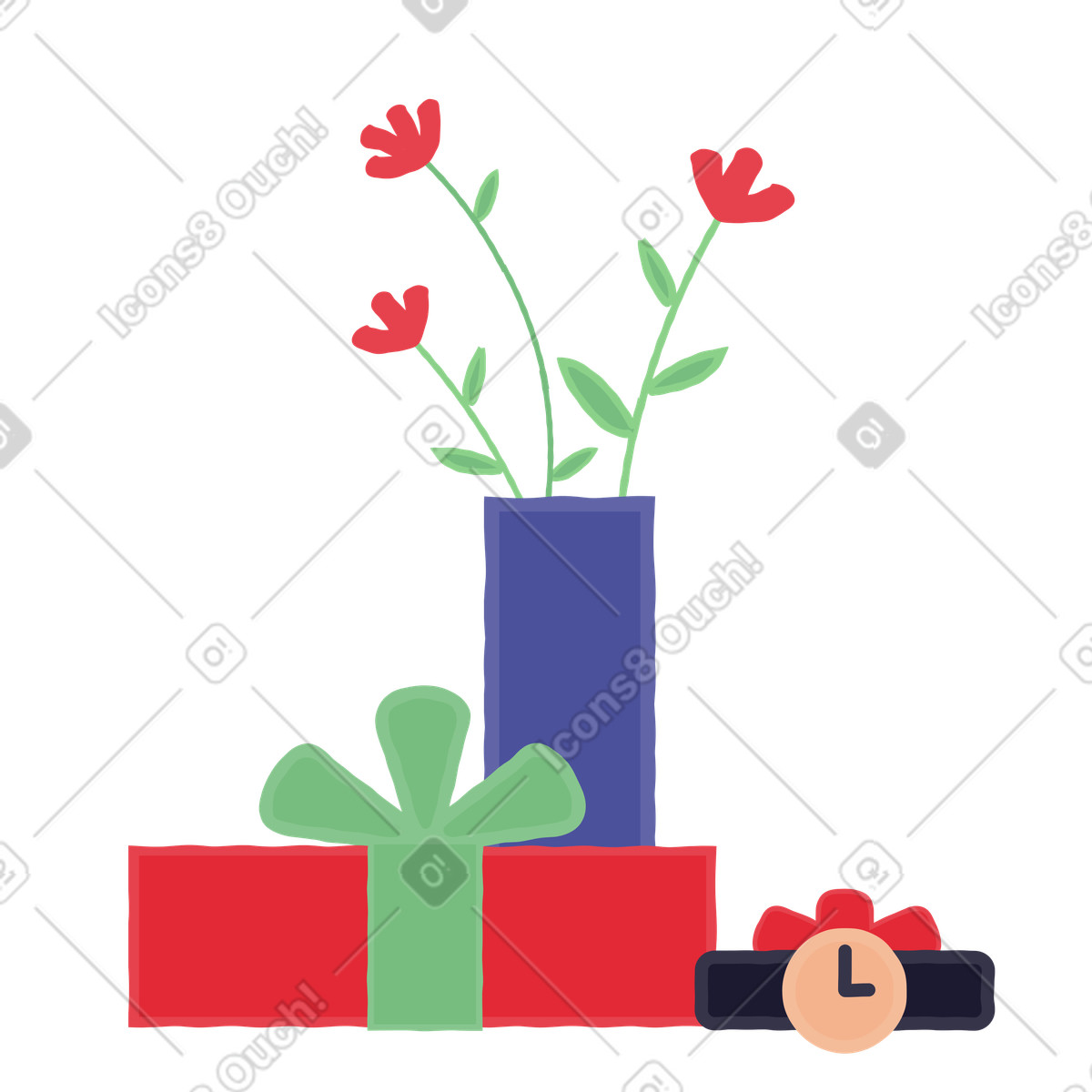 Ilustración Caja de regalo, flores y reloj pulsera. en estilo Stripy a descargar en PNG SVG