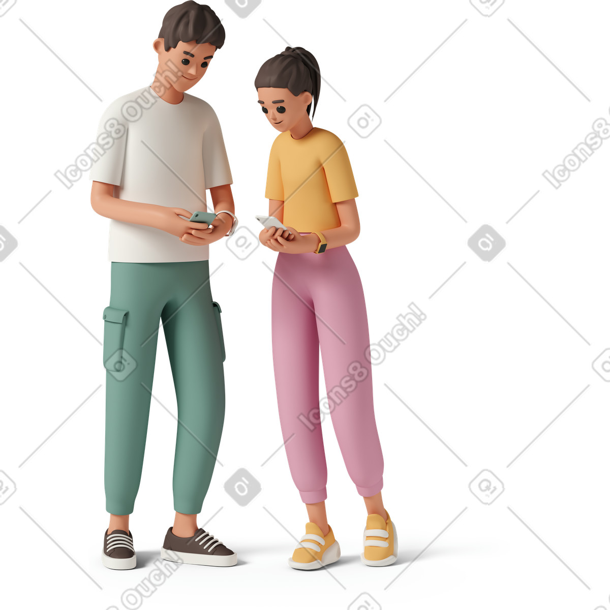 下载 3D Casual life 风格的 Young couple looking at phones 插画，支持 PNG、SVG 格式