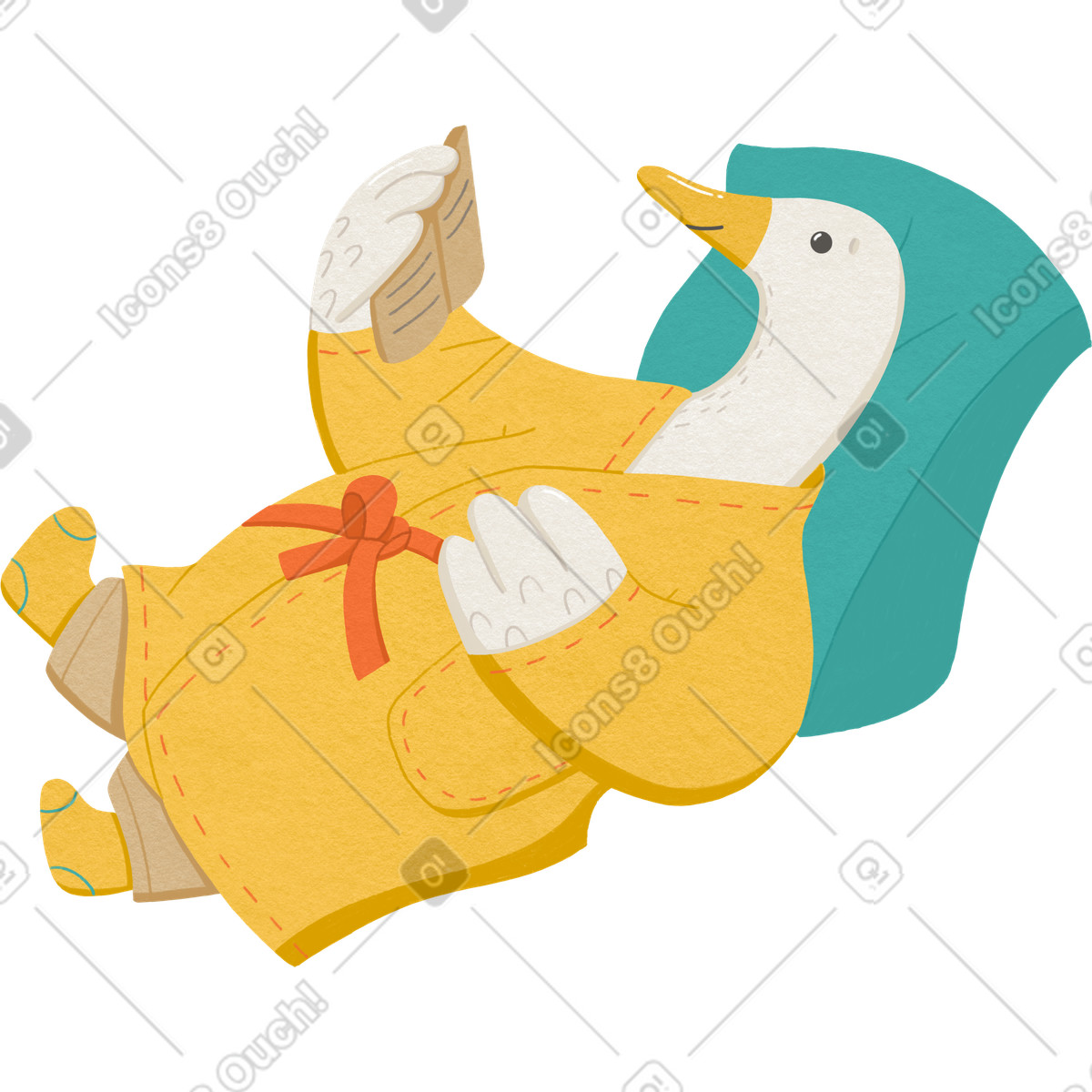 Ilustración Goose is lying on a pillow in yellow robe and reading book en estilo descargar en PNG y SVG