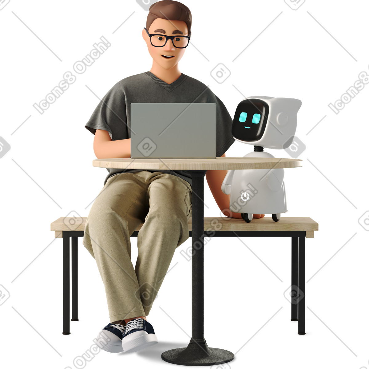 3D Business スタイルの Man working at laptop with robot assistant のイラストをPNG、SVG形式でダウンロード