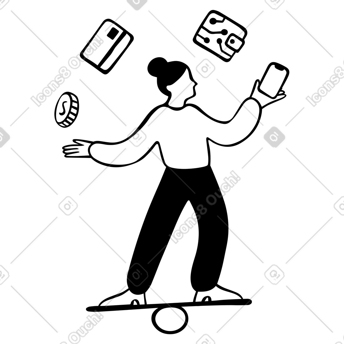 Woman balancing and juggling payment methods illustration in Journal style download in PNG, SVG