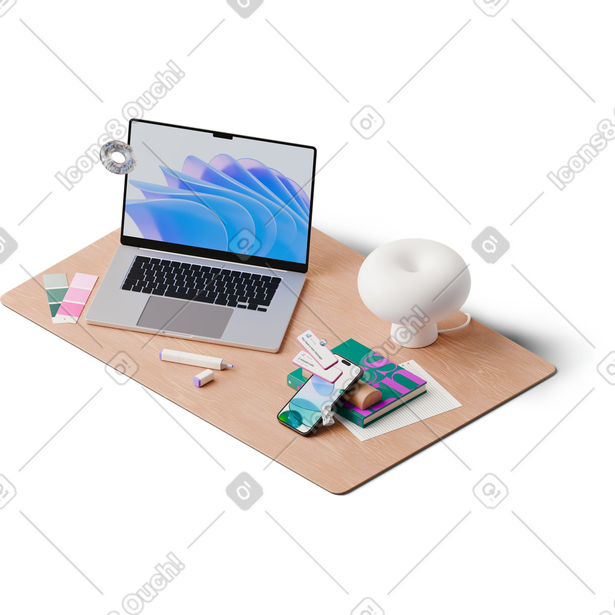 Ilustración Vista isométrica del escritorio con computadora portátil, lámpara, paleta de colores y teléfono inteligente nuevos mensajes en estilo 3D Hygge a descargar en PNG SVG